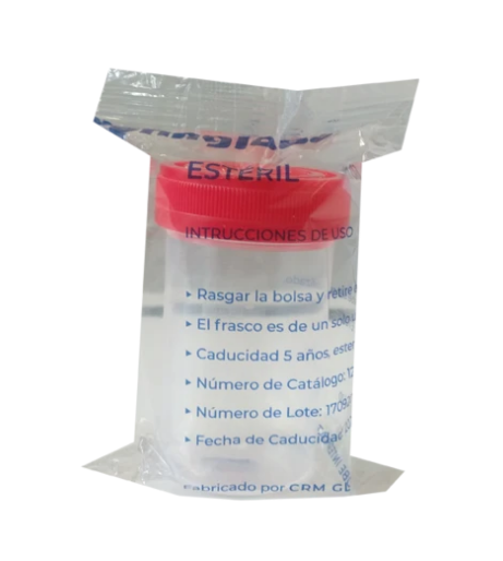Vaso graduado estéril tapa roja de 60ml. Modelo H1060S