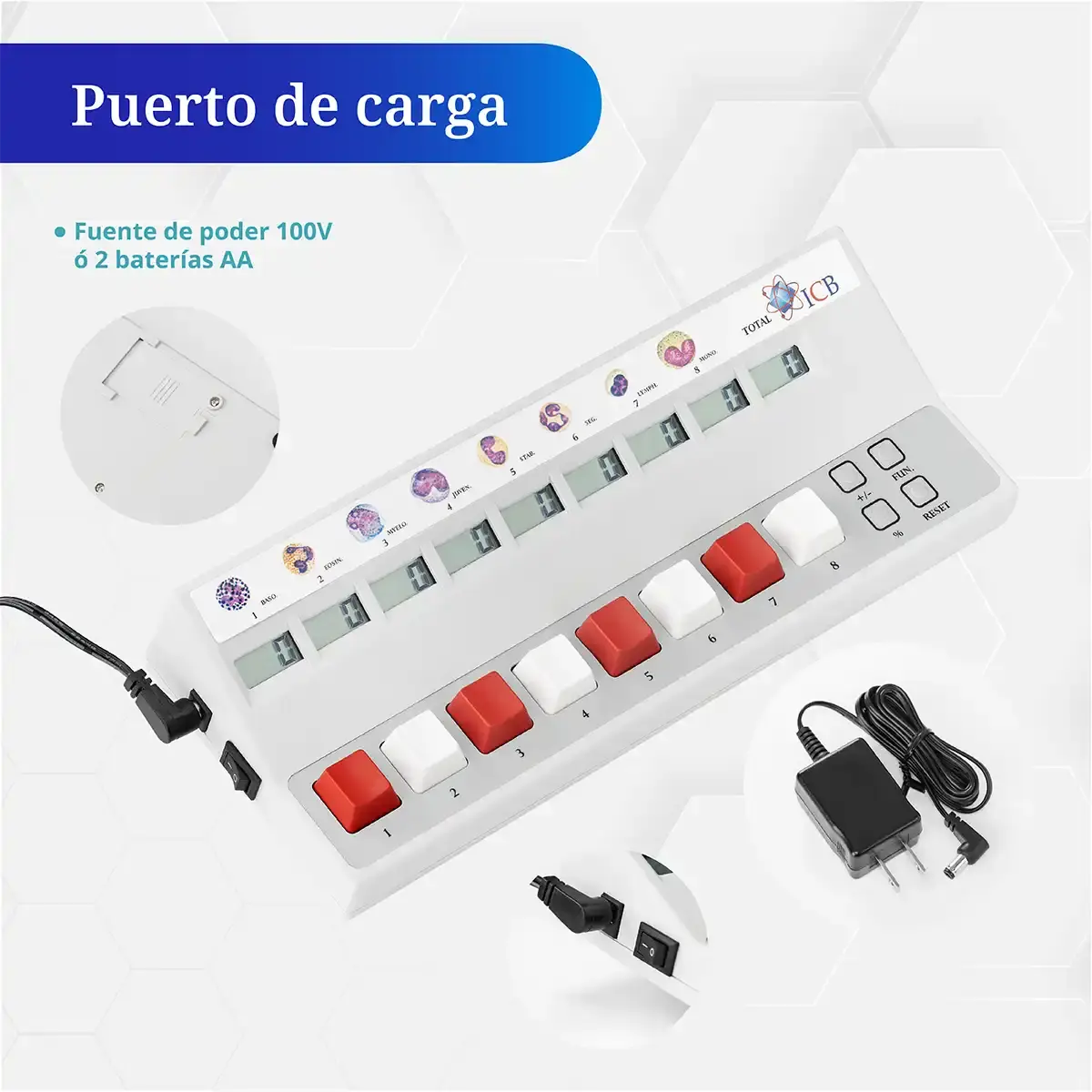 Puerto de carga del contador electrónico ICB con entrada de 110V o uso de 2 baterías AA