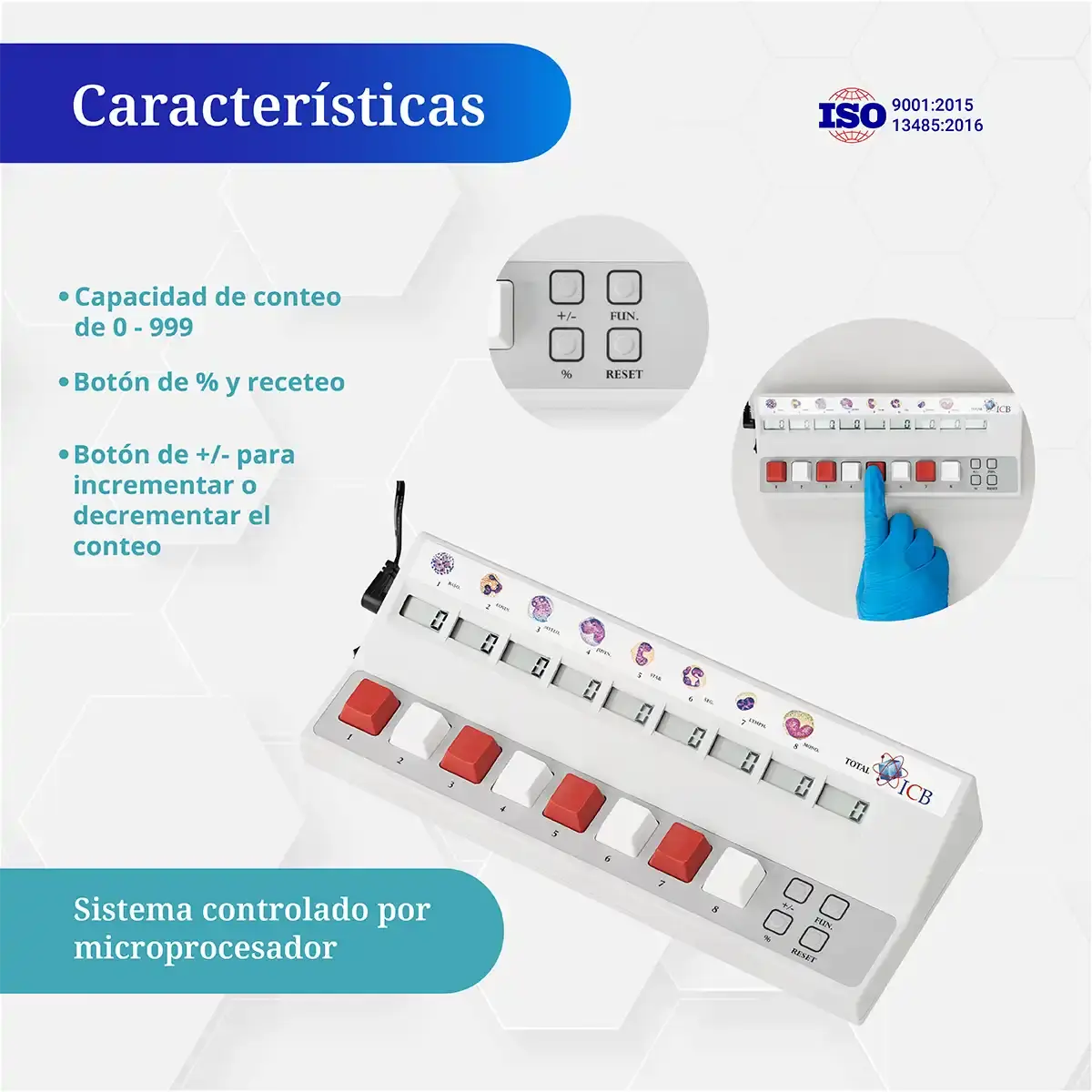 Características del contador de células ICB: sistema con microprocesador, botón de reset y pantalla digital