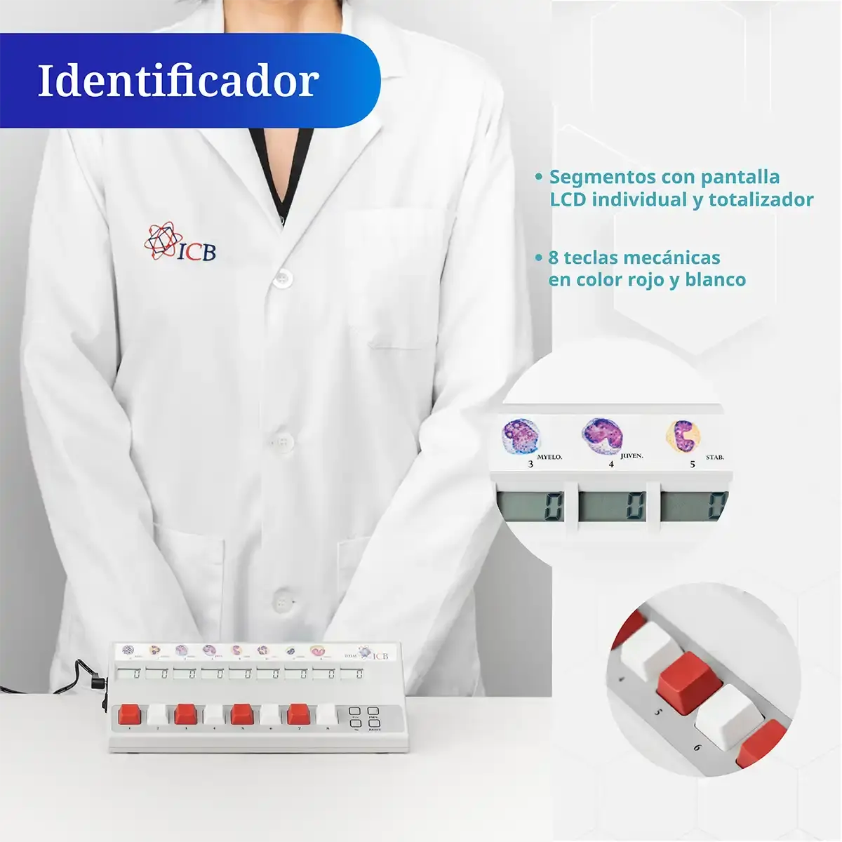 Contador electrónico de células ICB con identificador visual de tipos celulares y pantalla individual